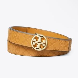 Tory Burch Gold Logo Embossed Belt 1" MILLER T MONOGRAM LEATHER BELT small